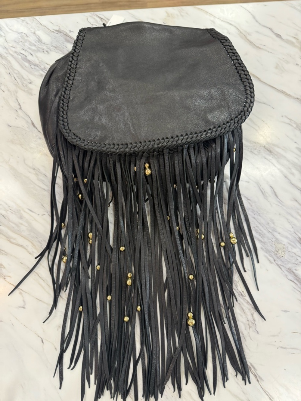 CC Skye Black Leather Fringe Crossbody with Gold Bead Accents